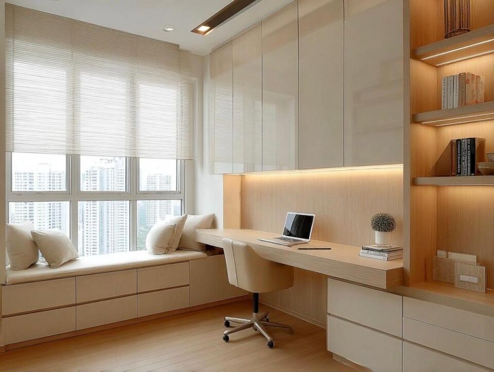 contemporary study with bookshelf and lighting