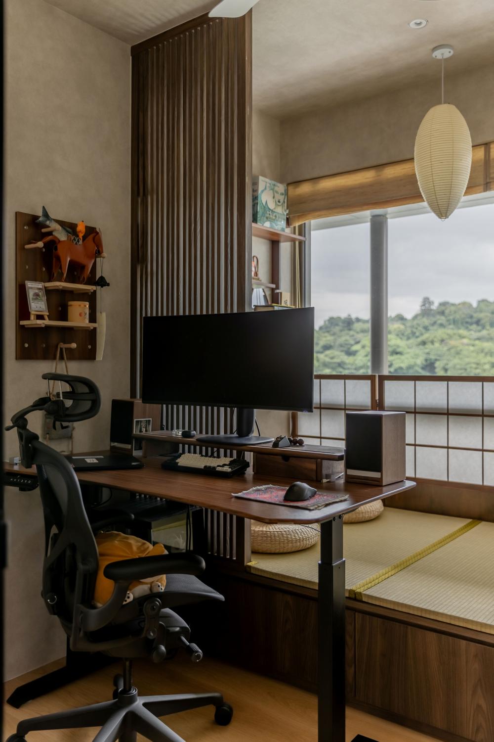 modern study with bookshelf and desk