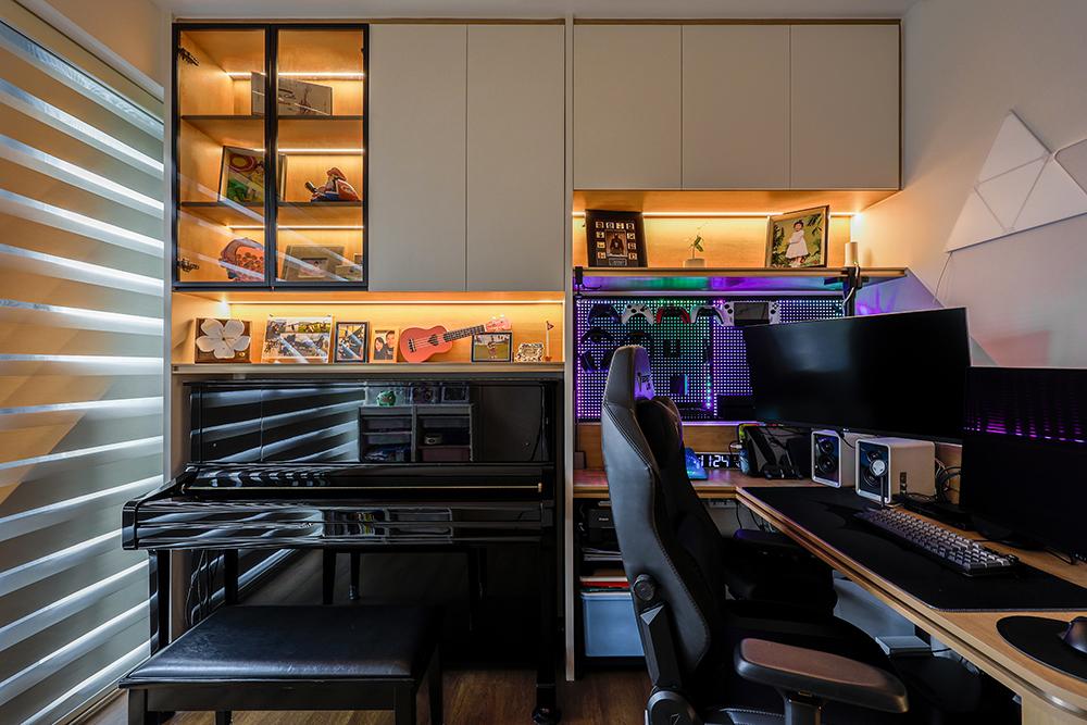modern study with storage cabinets and display cabinets