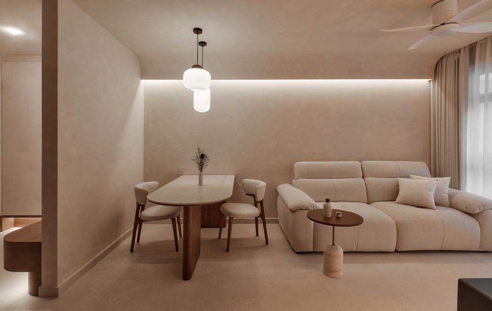 scandinavian living room with ceiling light and sofa