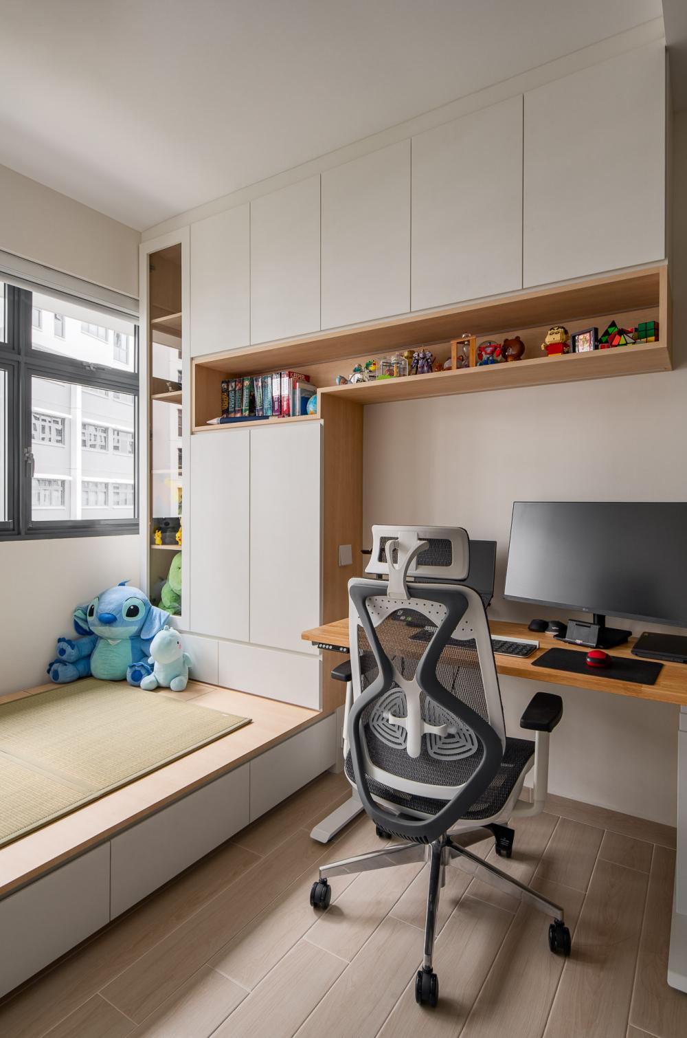 scandinavian study with storage cabinets and wall shelves
