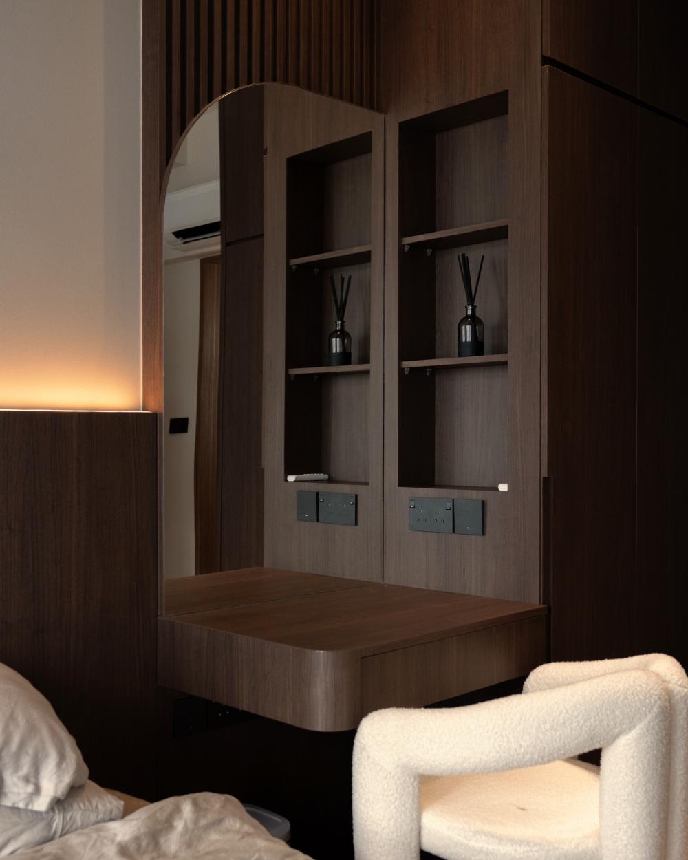 contemporary bedroom with bedside table and bedroom dresser