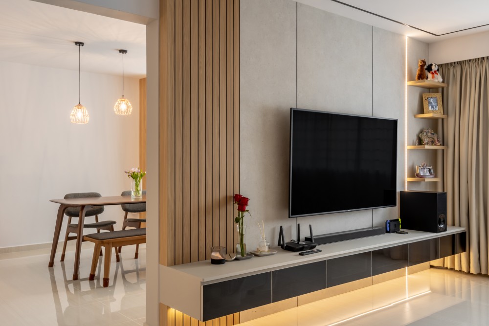 minimalist living room with feature wall and dining table