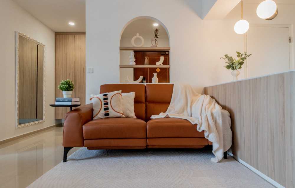 scandinavian living room with homogeneous tiles and feature wall
