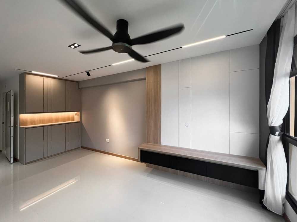 scandinavian living room with tv console and feature wall 3